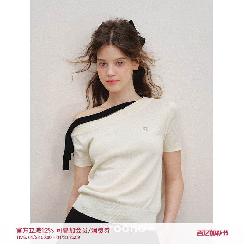 Kroche  Balletcore 羊毛混纺 斜肩撞色蝴蝶结绑带短袖针织衫