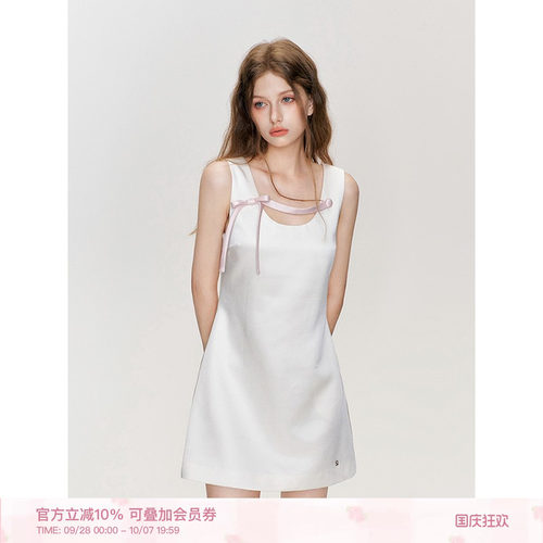 立体蝴蝶结撞色缎面A摆连衣裙