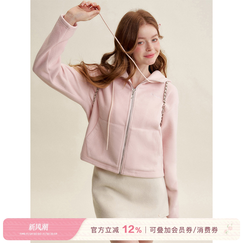 Kroche摇粒绒连帽立领卫衣外套