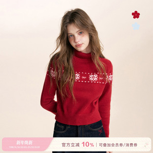 羊毛混纺 费尔岛 雪花蝴蝶结提花圣诞红宽松高领毛衣 25aw Kroche