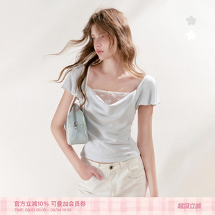 Kroche 26ss Balletcore 荡领蕾丝拼接 假两件小飞袖修身短袖T恤