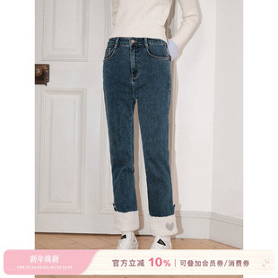 秋冬款 Kroche 休闲小众长裤 脚爱心直筒牛仔裤 女 羊羔毛拼接裤