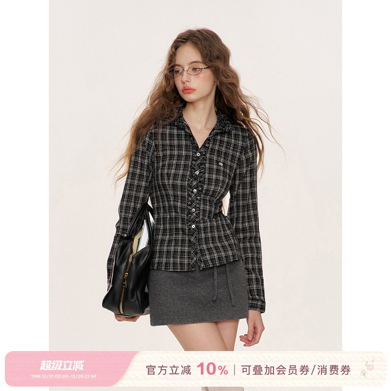 Kroche Geek chic 玫瑰刺绣 重工木耳边格纹衬衫上衣