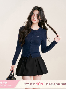 Kroche 25aw Geek chic 慵懒感小翻领布包扣撞色刺绣修身针织开衫