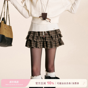 麂皮呢料撞色格纹三层短款 Kroche 羊毛混纺 复古格调 蛋糕裙 25aw
