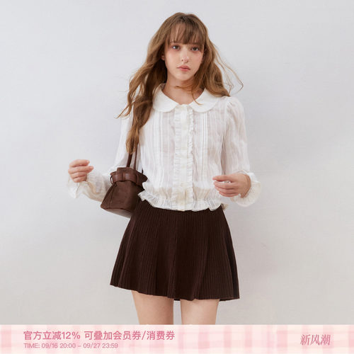 法式娃娃领木耳边长袖短款衬衫