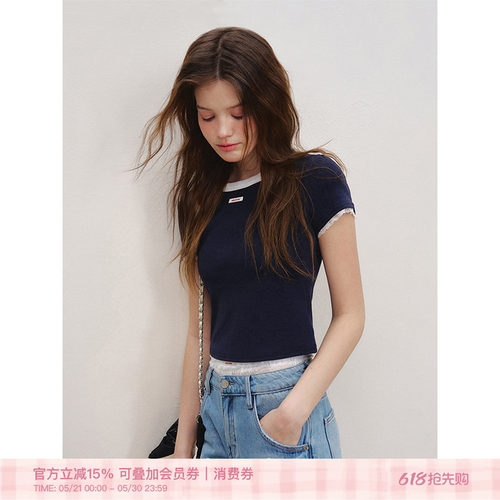 Kroche木浆纤维蕾丝拼接圆领短袖