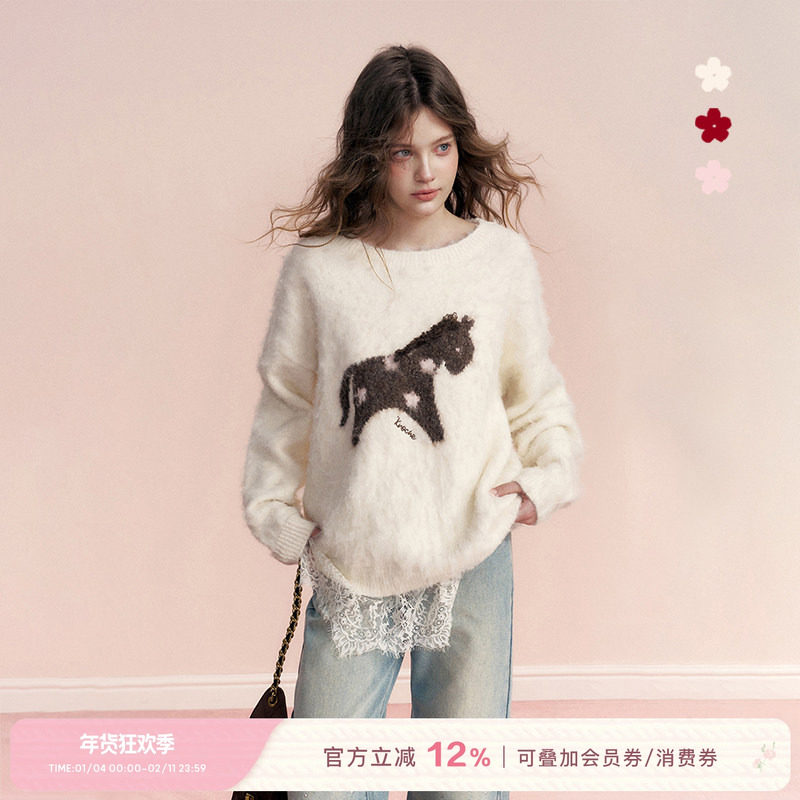 Kroche  马上生花 羊毛混纺 拉毛撞色小马提花宽松圆领毛衣,女装/女士精品,毛衣,淘宝优惠券,粉丝福利购,淘宝优惠卷