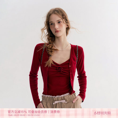 羊毛混纺玫瑰花朵针织吊带+开衫