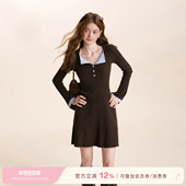 26ss 浪漫法式 假两件 Kroche 撞色翻领微喇袖 针织打底连衣短裙