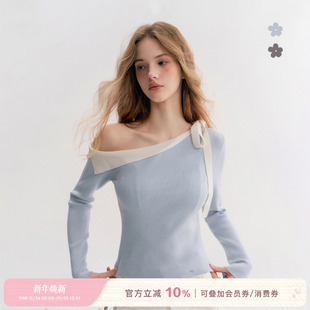 撞色翻边蝴蝶结系带 云柔漫步 斜肩修身 长袖 Kroche 针织衫 25aw