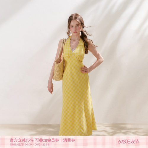 蝴蝶结绑带格纹挂脖吊带连衣裙