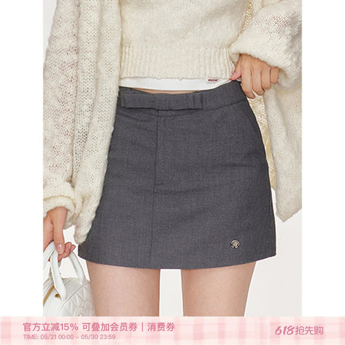 蝴蝶结门襟高腰休闲A字西装短裙