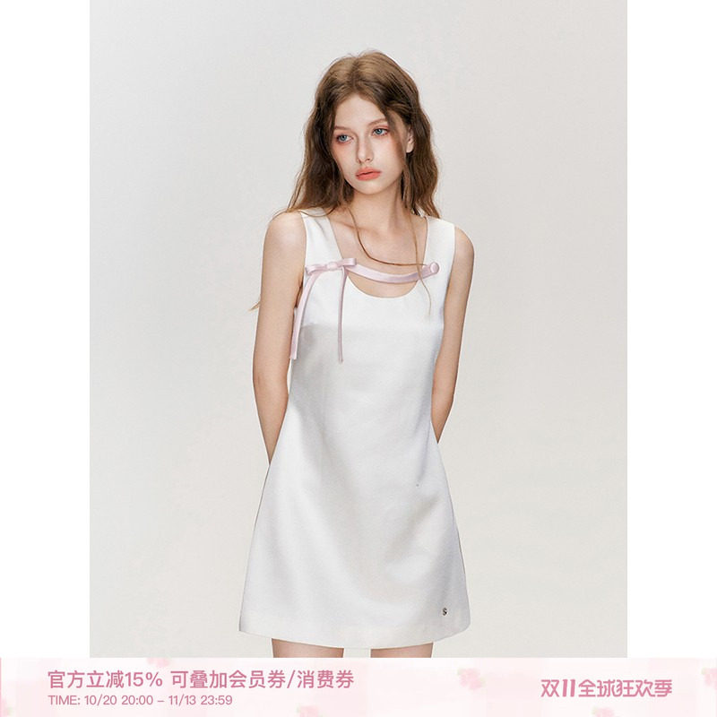 胡静怡同款 Kroche 流动月光 法式立体蝴蝶结撞色缎面背心连衣裙