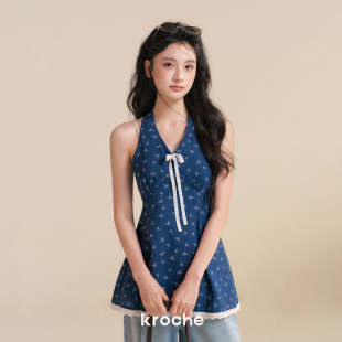 碎花花边拼接 Staycation 100棉绑带V领收腰挂脖上衣 26ss Kroche