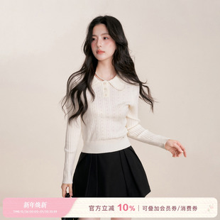 绵羊毛混纺波浪边翻领细麻花针织打底衫 浪漫法式 25aw Kroche