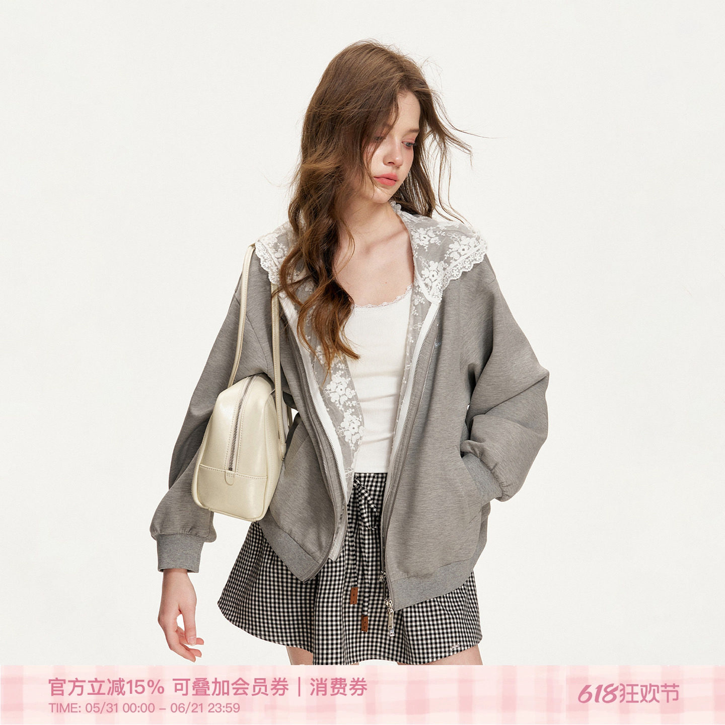 Kroche 26ss Blokette 法式蕾丝连帽 莫代尔空气层 拉链卫衣外套