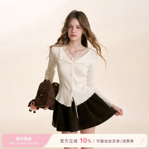 假两件翻领木耳边针织打底开衫