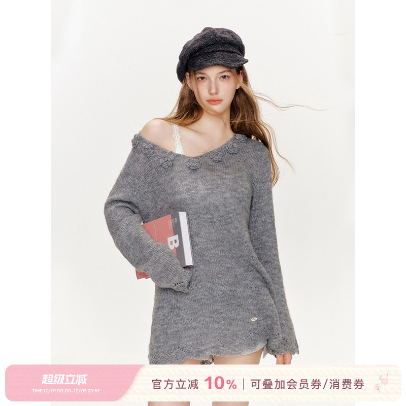 Kroche  软糯羊毛 手工钩花 V领镂空毛衣斜肩设计毛衫上衣