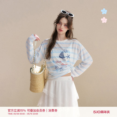 原创手绘航海图案圆领条纹罩衫