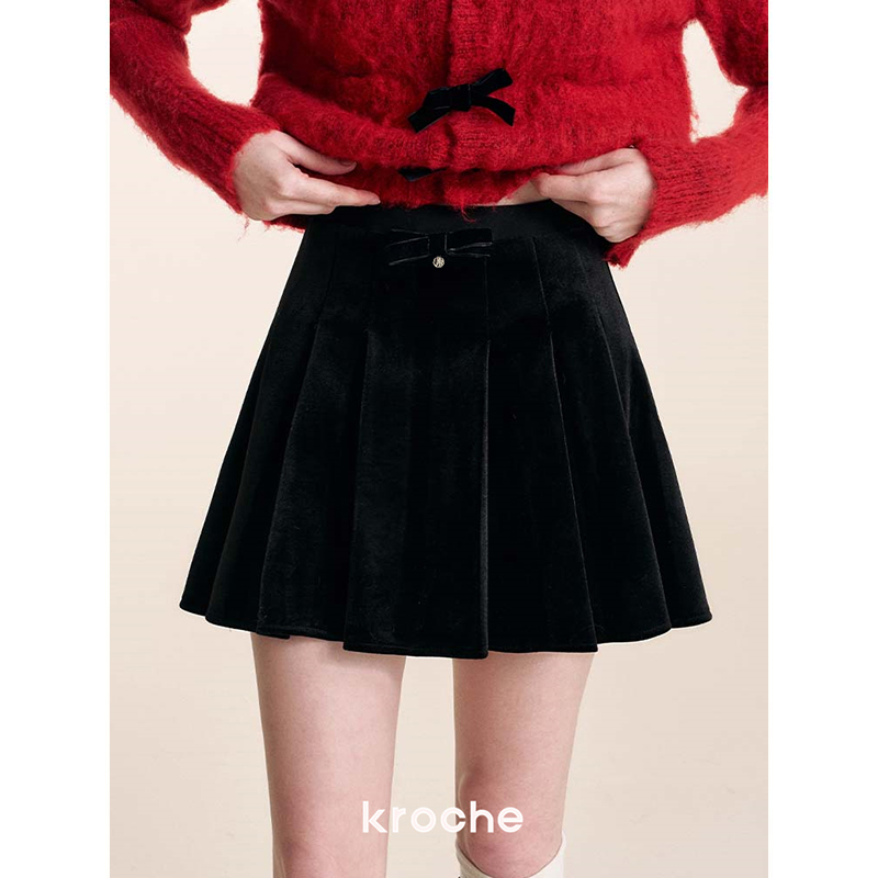 Kroche  静谧夜色 蝴蝶结丝绒百搭A字百褶半裙