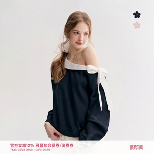 撞色棉布蕾丝翻领斜肩卫衣 蝴蝶结绑带 Kroche Balletcore