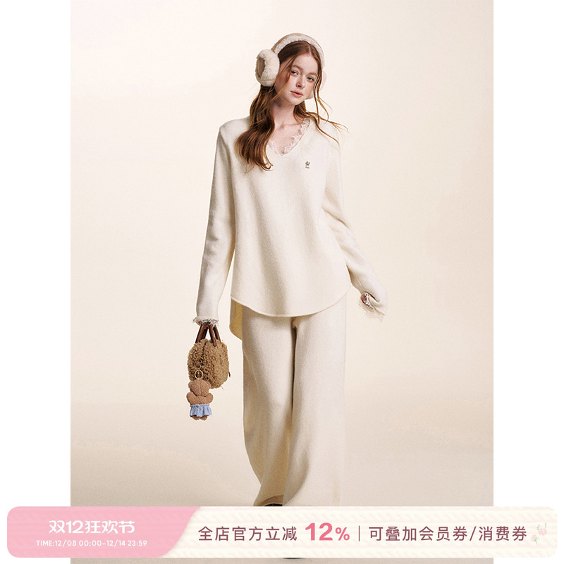 休闲慵懒风卷边毛衣阔腿裤套装