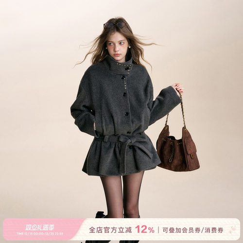 羊毛混纺中长款单排扣毛呢外套裙