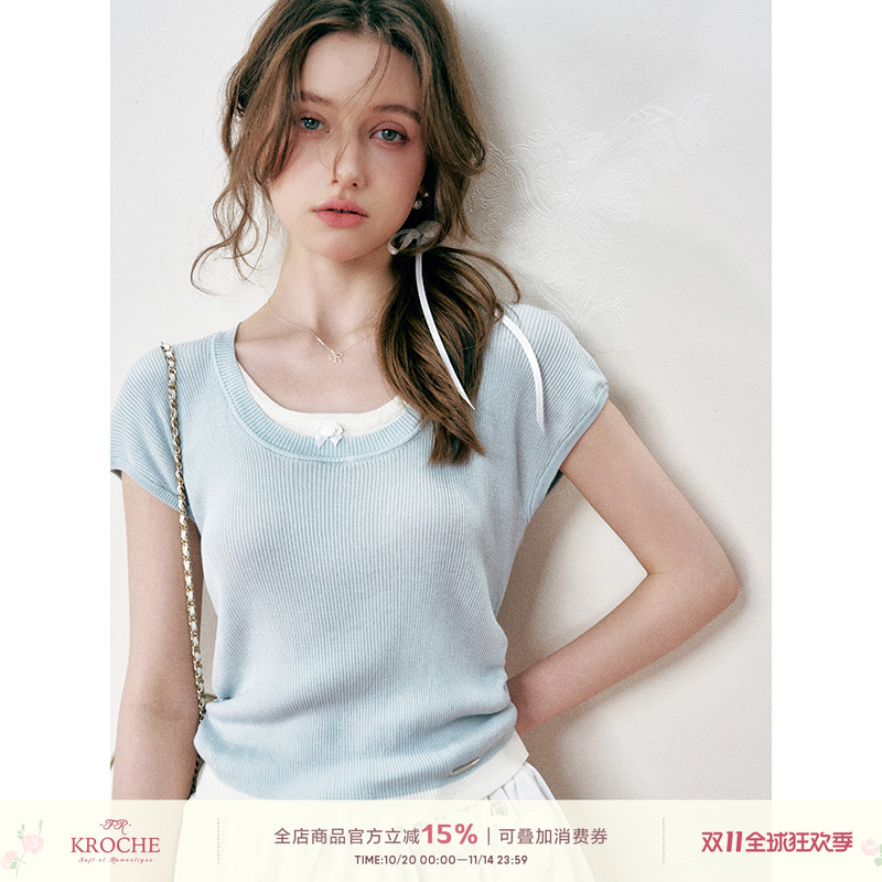 假两件随性抽褶设计慵懒上衣