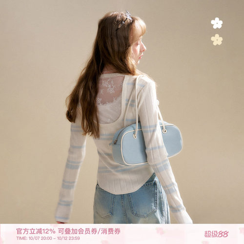 镂空蕾丝法式撞色条纹针织开衫