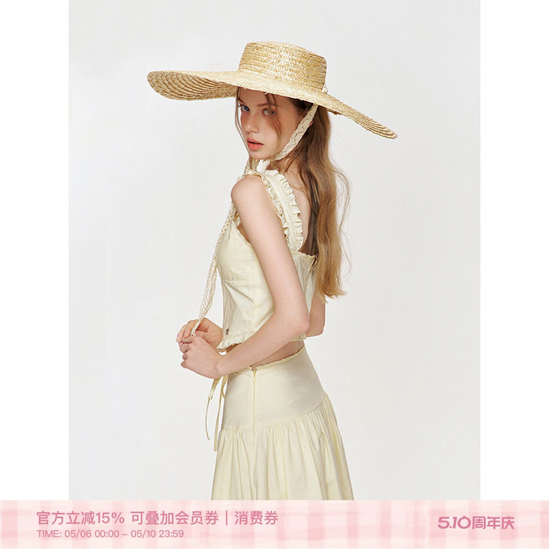 Kroche  夏日油画 抽褶花边 鱼骨胸衣吊带＋高腰蓬感伞裙套装