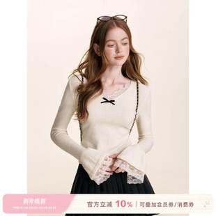 蕾丝拼接v领针织打底衫 丝绒蝴蝶结 浪漫蕾丝 Kroche