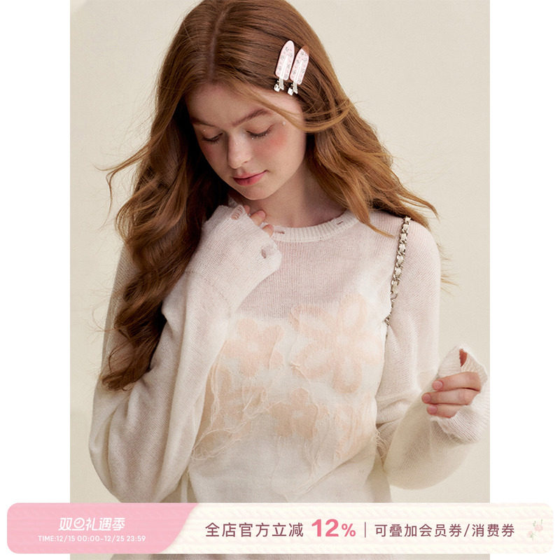 镂空设计提花宽松圆领针织衫