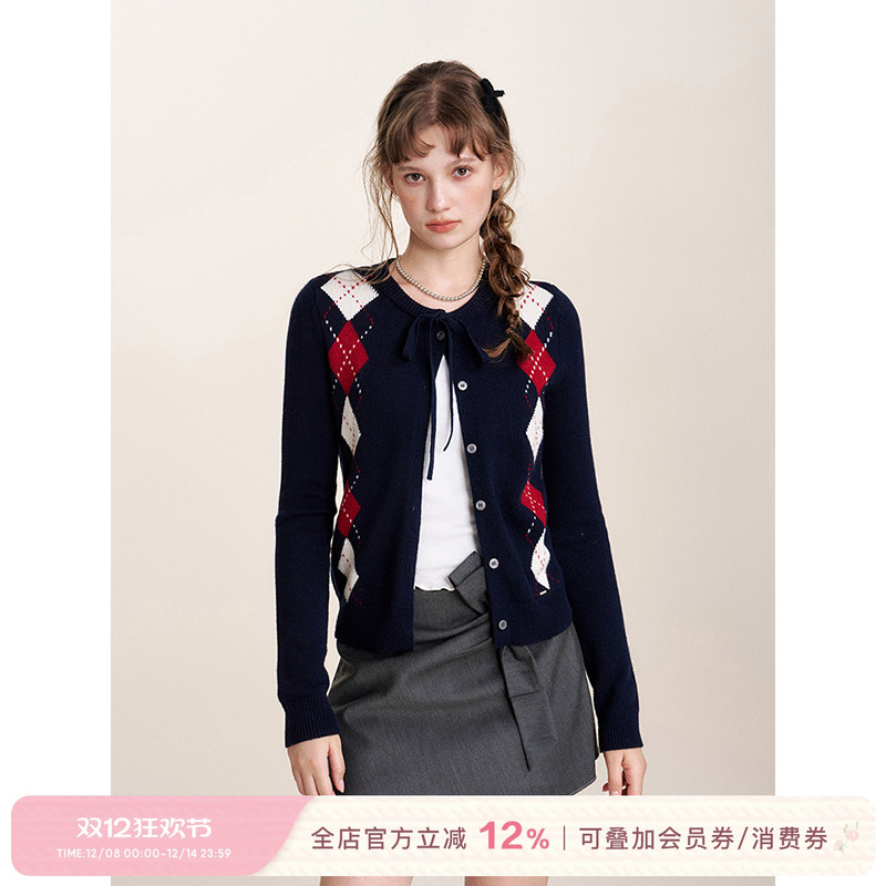 蝴蝶结系带菱形格毛针织开衫