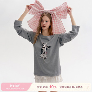 斜肩两穿小猫印花棉质宽松长袖 王楚然同款 一字肩 25aw T恤 Kroche