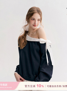 Kroche 25aw Balletcore 蝴蝶结绑带 撞色棉布蕾丝翻领斜肩卫衣