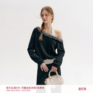 假两件挂脖斜肩卫衣 撞色格纹立体花边拼接 Kroche 浪漫格调