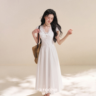 26ss 收腰A字长款 Bowknot 蕾丝拼接泡泡袖 连衣裙 扭结设计 Kroche