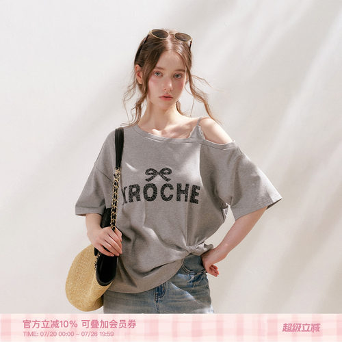 蕾丝logo印花扭结露肩宽松短袖