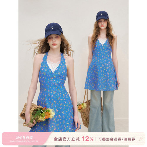 绑带挂脖设计收腰碎花连衣裙