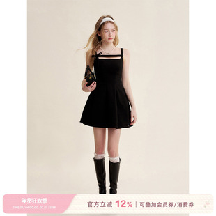 Kroche  巴黎夜曲 立体蝴蝶结 一字领镂空黑色吊带连衣裙