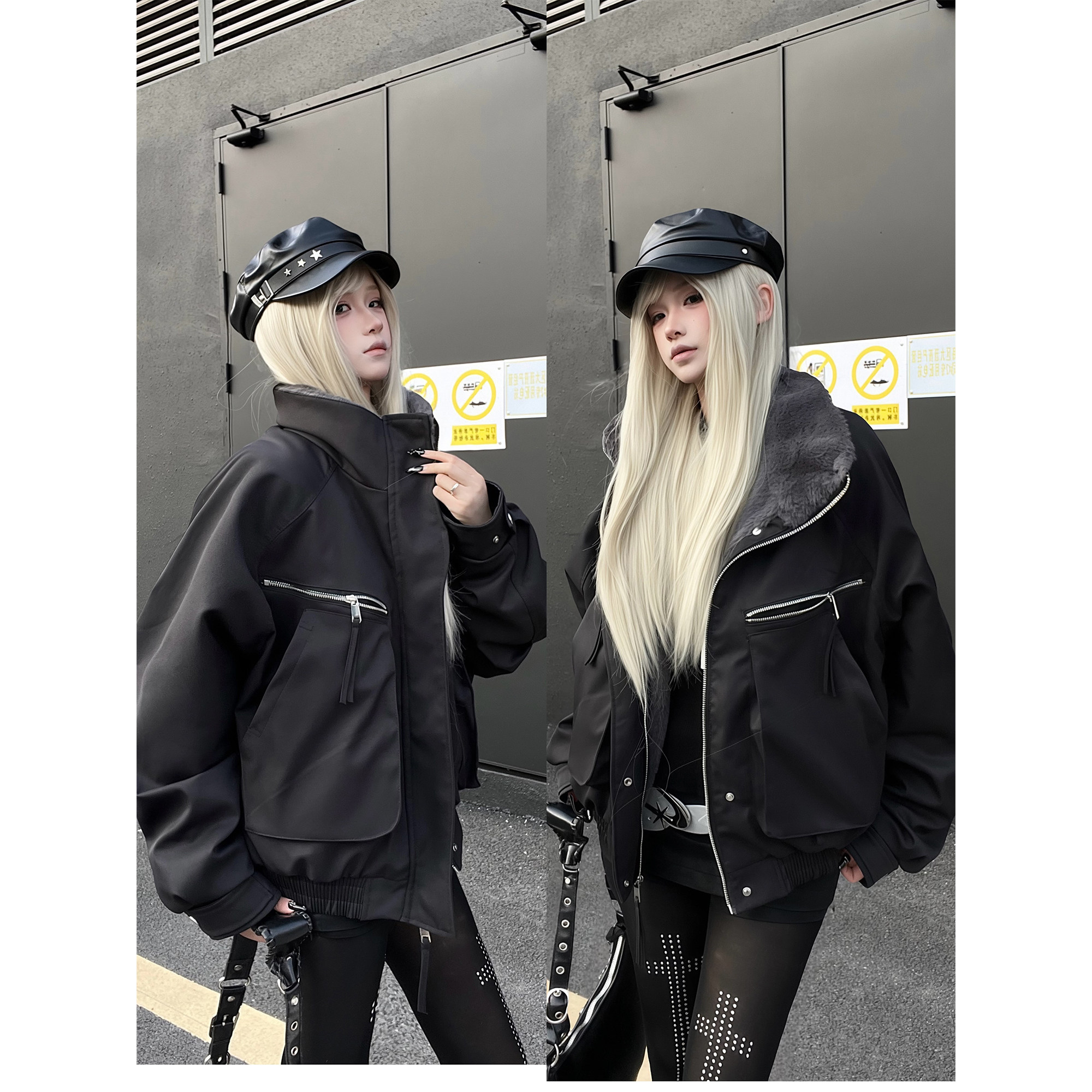 美式复古翻毛领加绒加厚飞行棉服