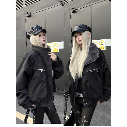 美式复古翻毛领加绒加厚飞行棉服