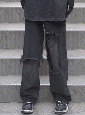 ZCNT高街裤子ins欧美hiphop美式嘻哈宽松破洞直筒牛仔裤