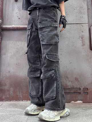 ZCNT美式工装多口袋设计感复古水洗重工牛仔裤男小众宽松直筒裤子