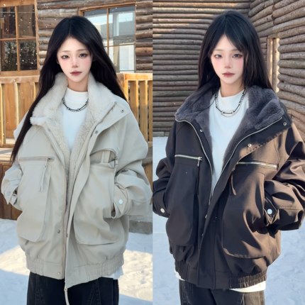 ZCNT逅来者2025美式复古翻毛领加绒加厚飞行夹克外套保暖棉服