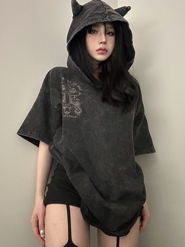 短袖欧美高街男女连帽