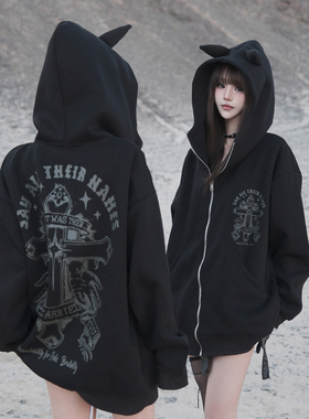 ZCNT逅来者秋季欧美高街十字印花男女ins开衫休闲连帽小众上衣