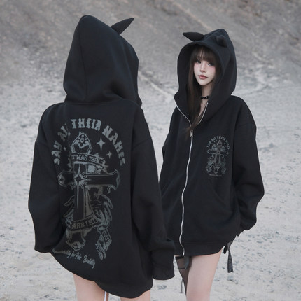 ZCNT逅来者秋季欧美高街十字印花男女ins开衫休闲连帽小众上衣