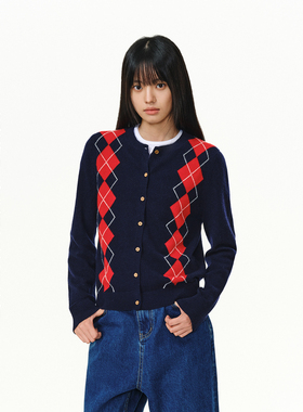 ATRY红色菱格针织衫女秋冬美式复古小众设计感休闲外搭毛衣开衫